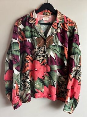 Vintage Functionals Tropical Floral Blouse Rayon Button Up Leaf Print Retro Top